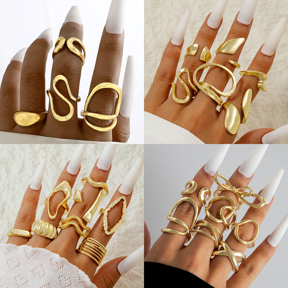 Elegant Irregular Geo Cutout Arc Ring Set - 4 Pieces