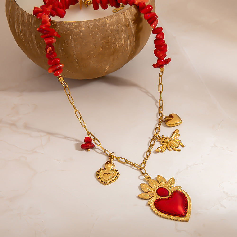 DIY Coral Branch Heart Pendant Stainless Steel Necklace