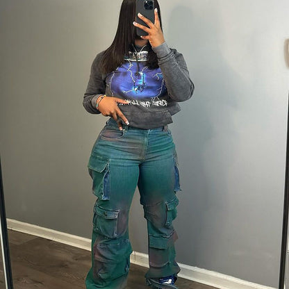 Trendy High-Waist Tie-Dye Denim Cargo Pants