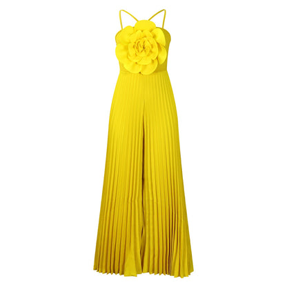 Fashionable Sexy Solid Color Pleated Jumpsuit With Floral Design