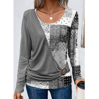 Autumn Printing Solid Color Stitching Casual Long-Sleeved Knitted T-Shirt