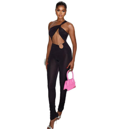 Trendy Casual Slim Fit Jumpsuit With Metallic Ring And Asymmetrical Design
