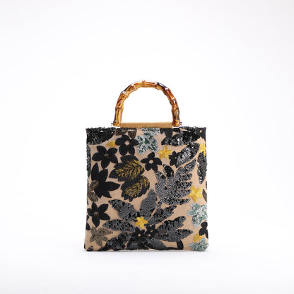 Embroidered Sequin Bamboo Tote Bag Stylish Evening Handbag