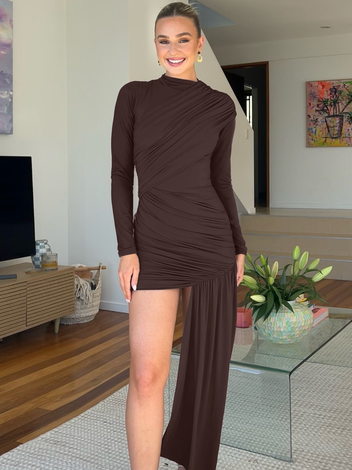 Trendy Slim Fit Round Neck Ruched Bodycon Dress with Long Sleeves