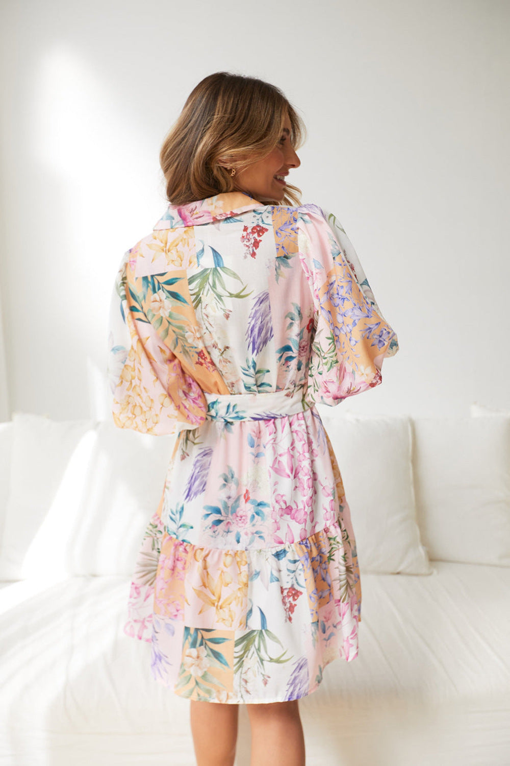 Bohemian Printed Short Skirt Lantern Short Sleeved Belt Single Breasted A-Line Dress