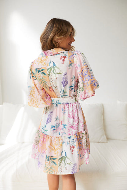 Bohemian Printed Short Skirt Lantern Short Sleeved Belt Single Breasted A-Line Dress