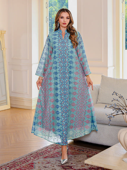 Muslim Embroidered Long Dress Traditional Abaya Green and Beige