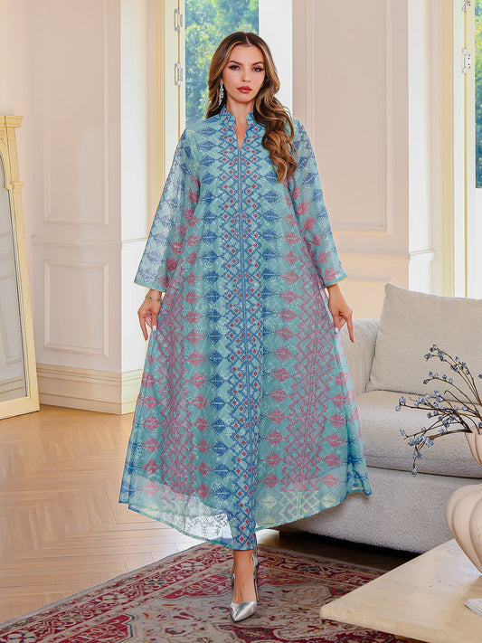 Muslim Embroidered Long Dress Traditional Abaya Green and Beige