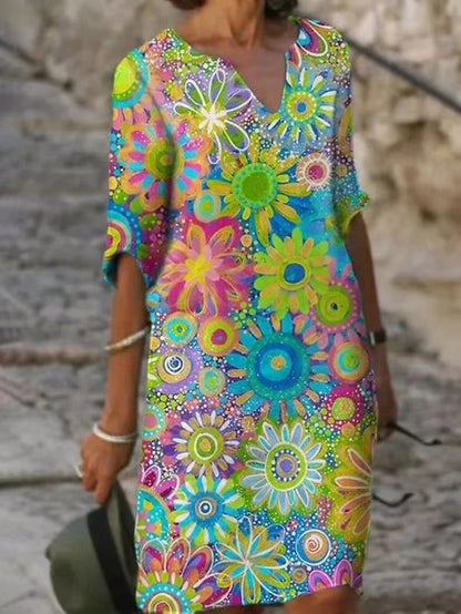 Abstract Print V-Neck A-Line Dress Comfortable Casual Fashion