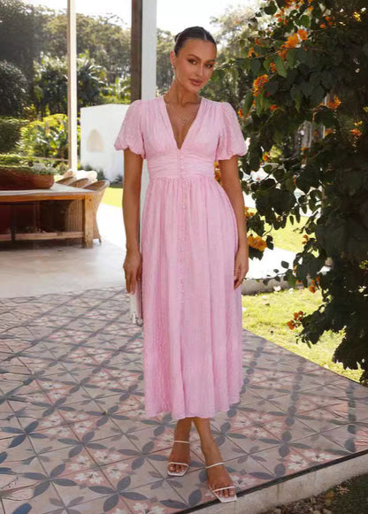 Puff Sleeve Button Front Midi Dress Lightweight Textured Fabric