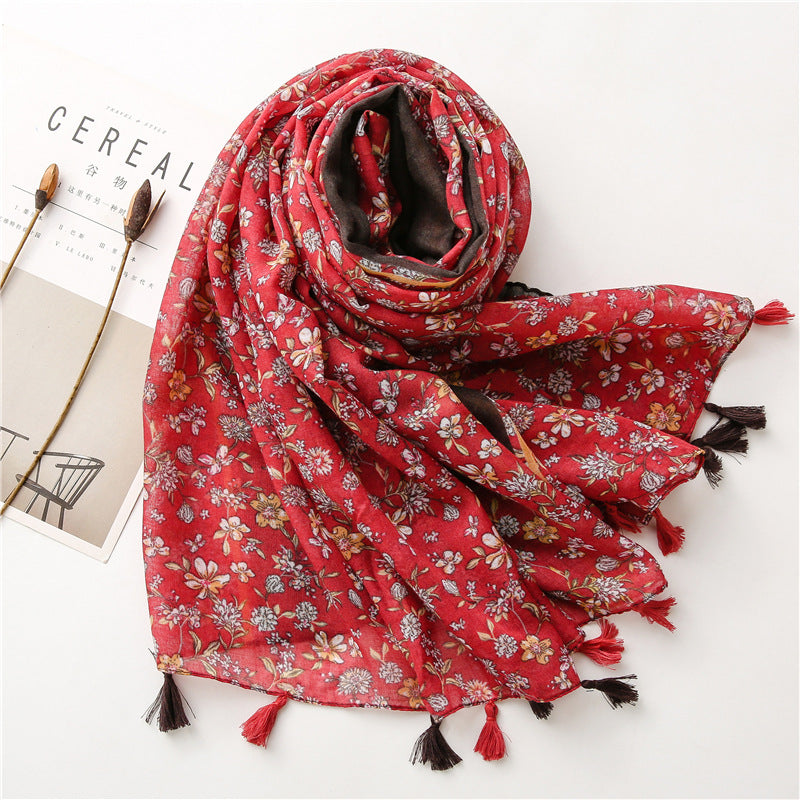 Women'S Cotton And Linen Feel Flower Scarf Spring, Summer And Autumn Shade Shawl Soft Temperament