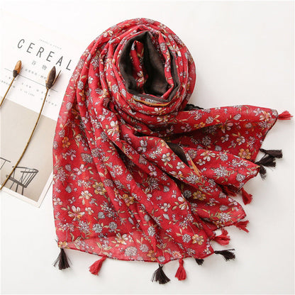Women'S Cotton And Linen Feel Flower Scarf Spring, Summer And Autumn Shade Shawl Soft Temperament