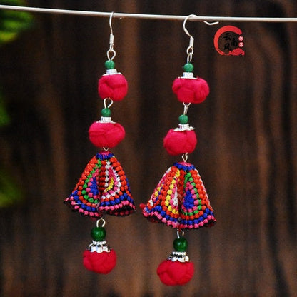 New Handmade Women'S Earrings Ethnic Style Original Joker Fabric Colored Ball Embroidered Earrings