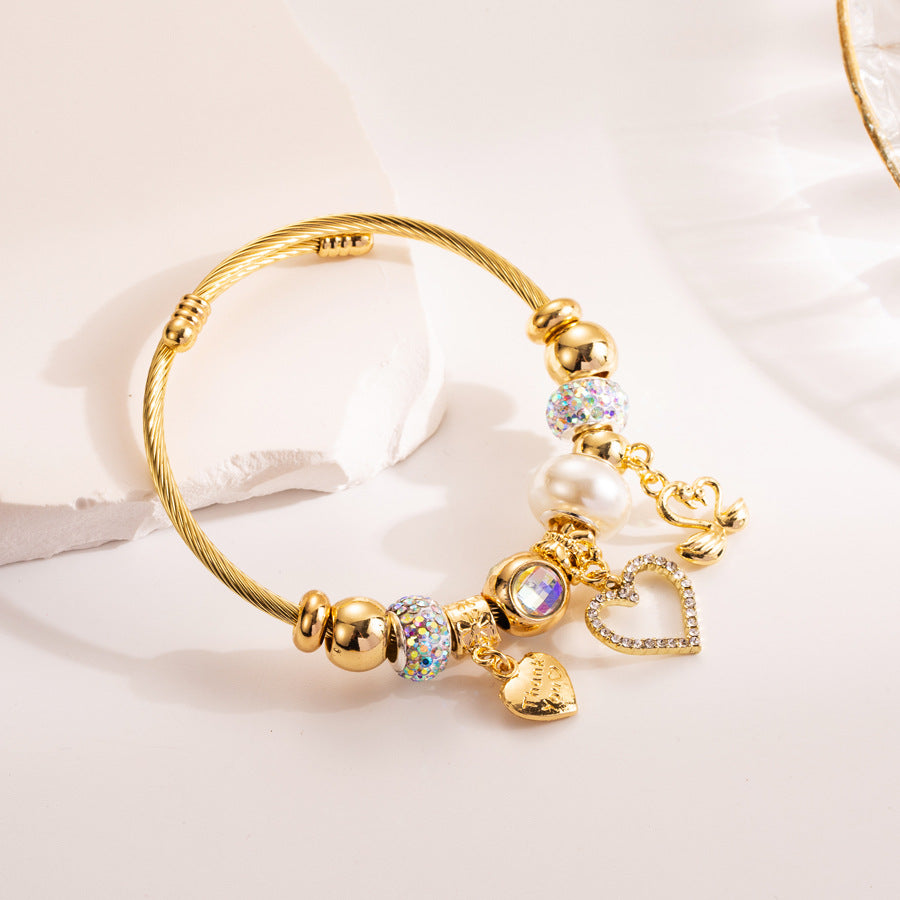 Heart-Shaped Crystal Bracelet Adjustable Handcrafted Stainless Steel Bangle