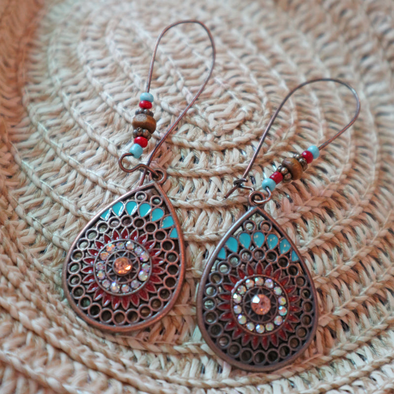 New National Style Personality Retro Hollowed Out Carved Oil Drop Exaggerated Earrings