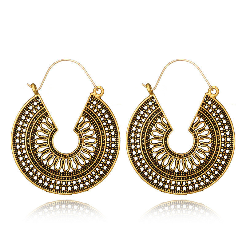 Vintage Geometric Metal Hoop Earrings With Floral Patterns