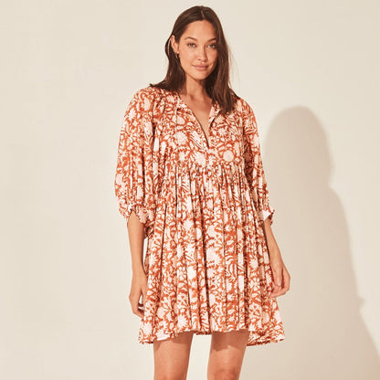 Floral Print Casual Dress with Tie Waist and Half Placket