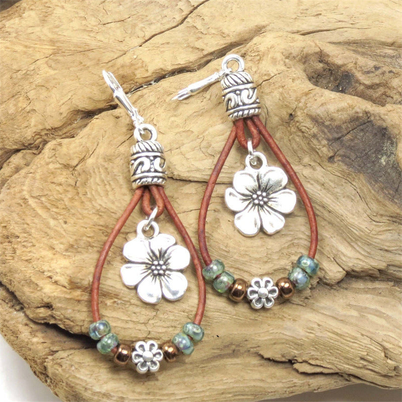 Bohemian Leather Rope Floral Earrings Simple Earrings