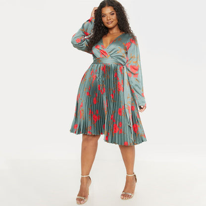 Floral Print Pleated Dress With Deep V Neck For Elegant Casual Style