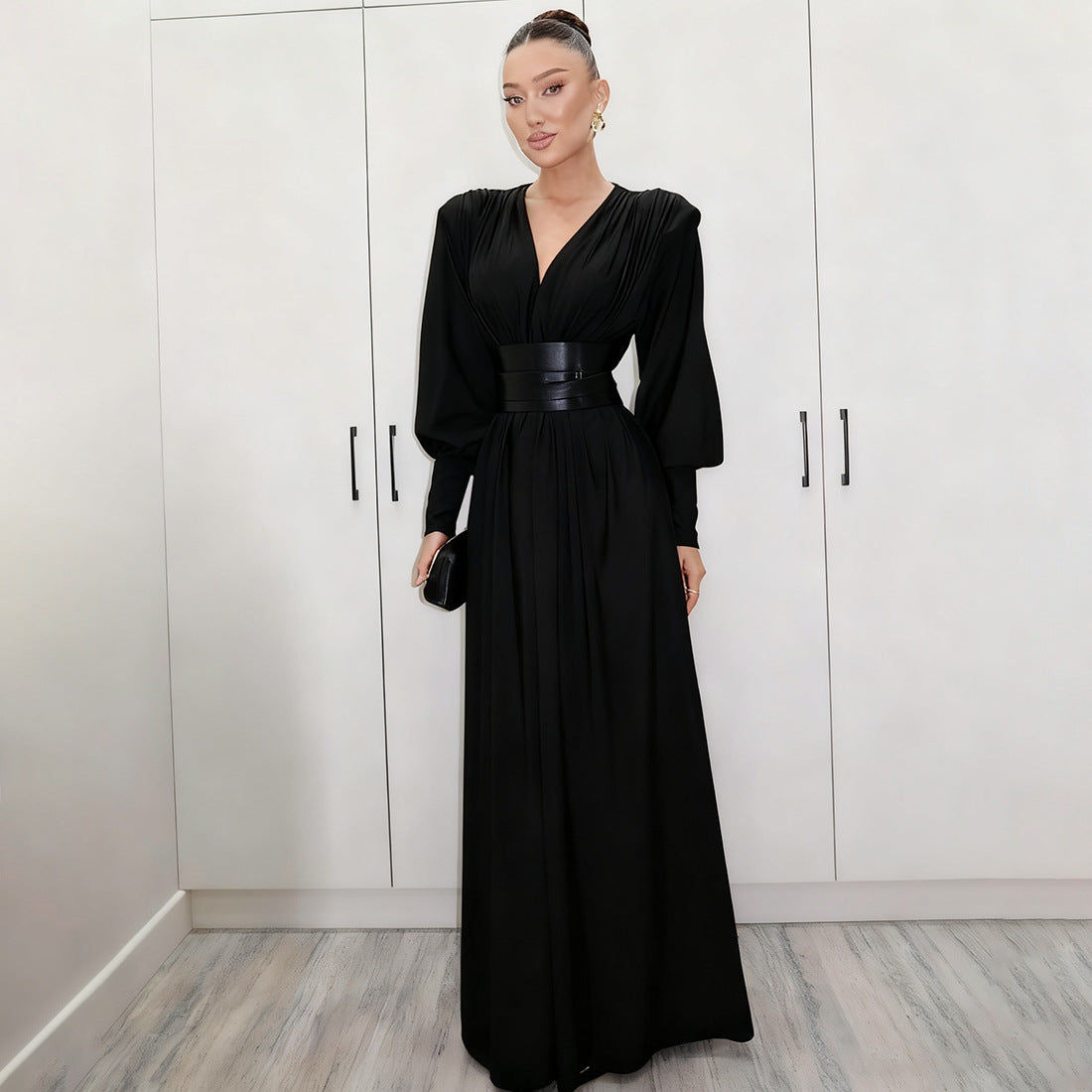 French Elegant Vintage V-Neck Loose Maxi Dress With Waist Belt