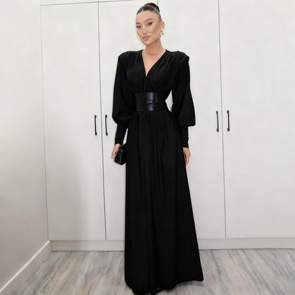 French Elegant Vintage V-Neck Loose Maxi Dress With Waist Belt