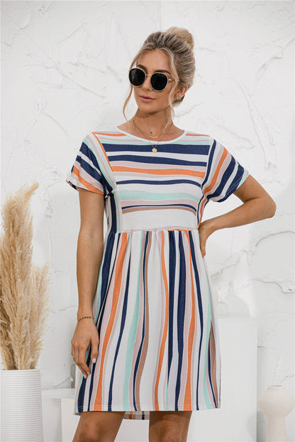 Striped-Print Paneled Crew-Neck Dress