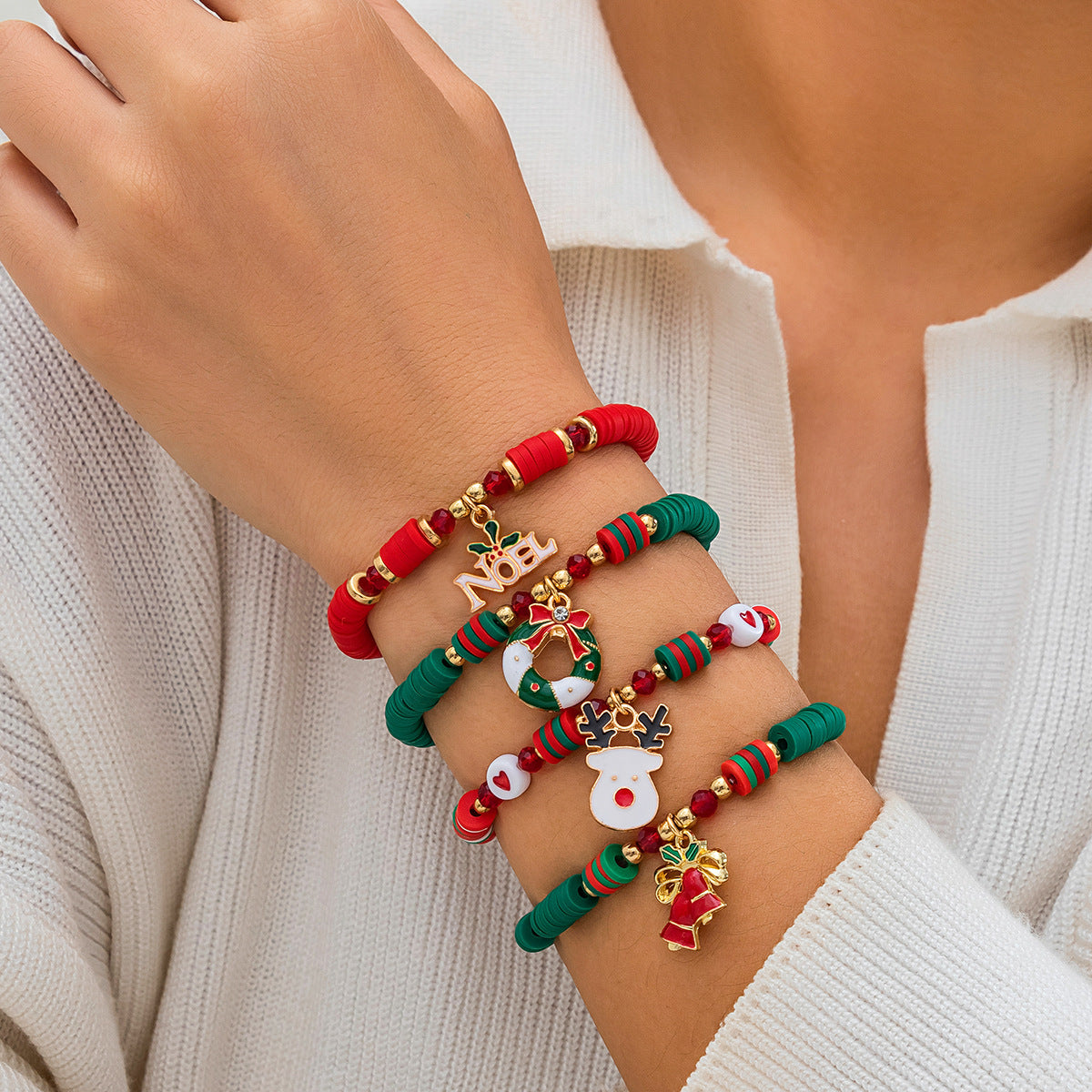 Christmas Themed Polymer Clay Bead Bracelet Set