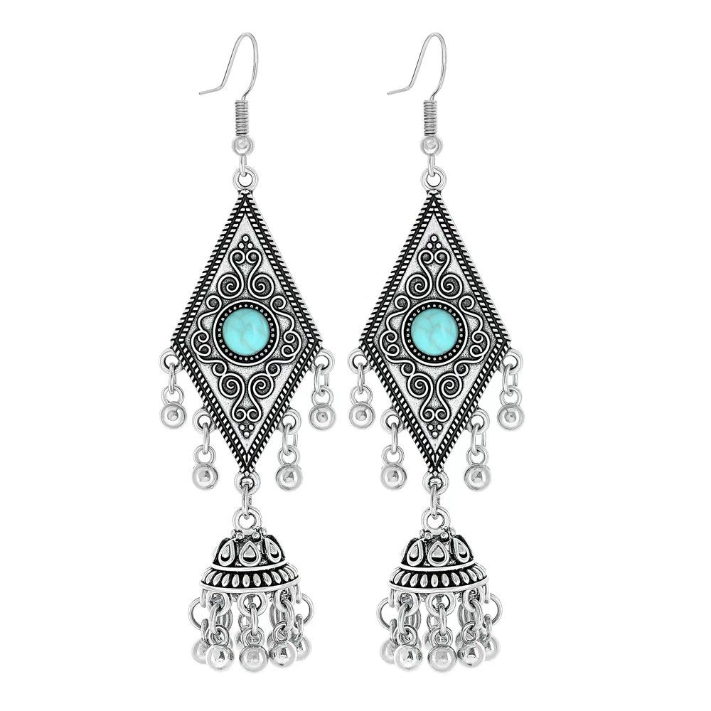 Turquoise Tassel Earrings with Geometric Metal Design