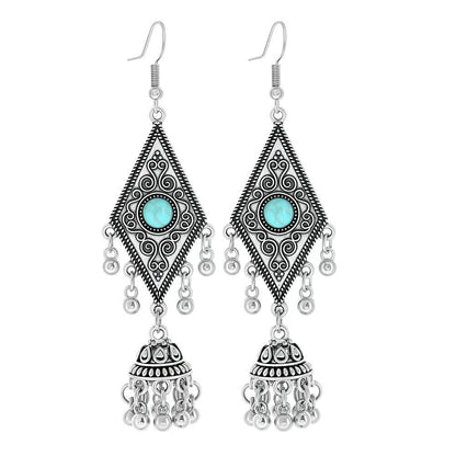 Turquoise Tassel Earrings with Geometric Metal Design