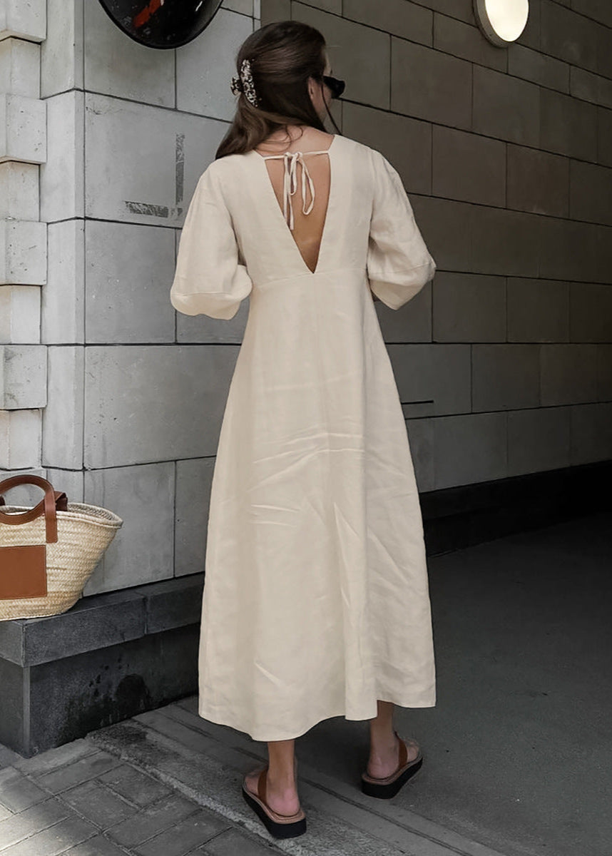 Linen Button Down Midi Dress With Puff Sleeves