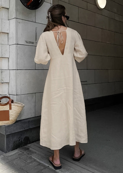 Linen Button Down Midi Dress With Puff Sleeves