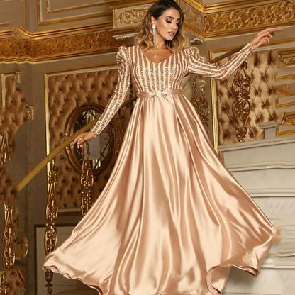 Deep V Neck A-Line Maxi Dress With Train For Evening Parties