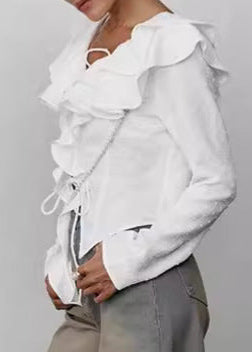 Ruffled Lace Up Blouse In White Cotton