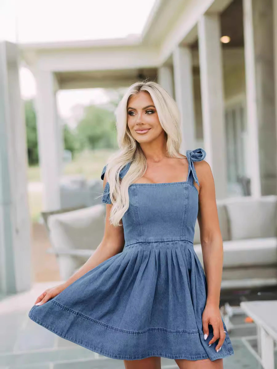 Trendy Casual Denim Dress Sleeveless with Zipper Detail
