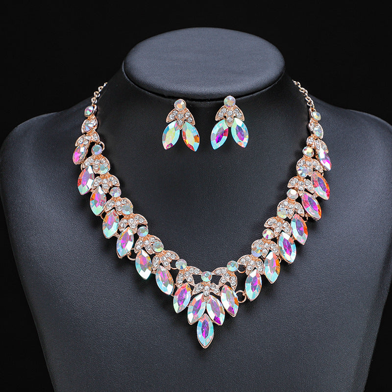 Retro Statement Necklace and Earring Set Crystal Gem Short Chain Women's Fashion Accessories