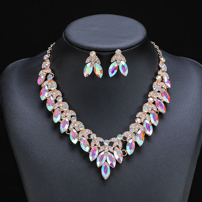 Retro Statement Necklace and Earring Set Crystal Gem Short Chain Women's Fashion Accessories