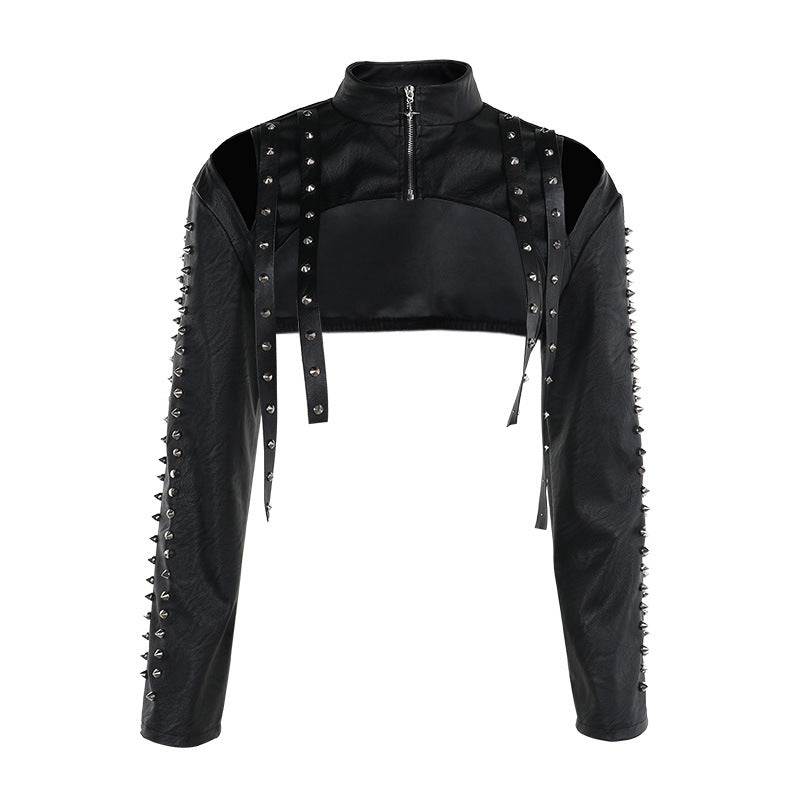Sexy Fitted PU Zip-Up Top with Studs for Women