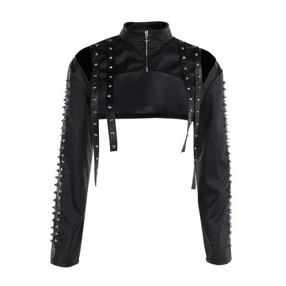Sexy Fitted PU Zip-Up Top with Studs for Women