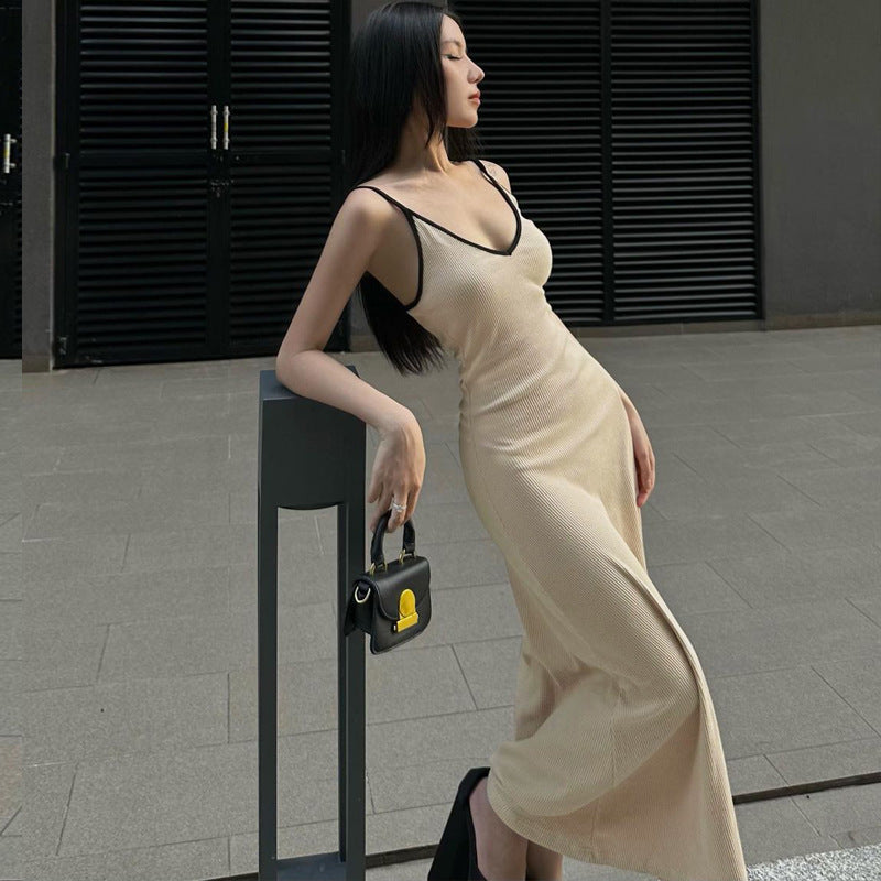 Sleeveless V-Neck Bodycon Dress with Open Back in Beige