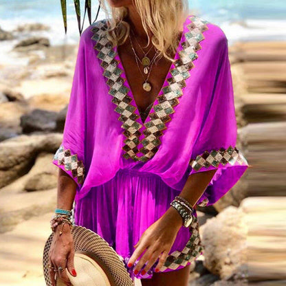 Floral Print Maxi Dress V-Neck Polyester Beachwear