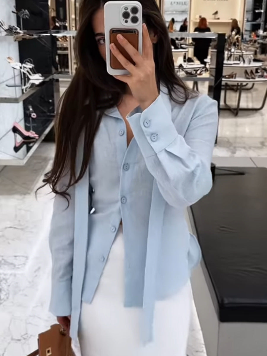 Crossover Tie Front Shirt Women Solid Cotton Long Sleeve Cardigan