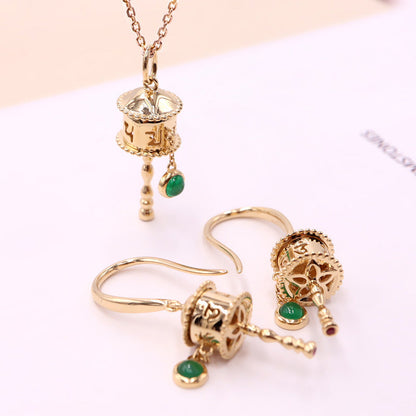 Six-Character Mantra Prayer Wheel Pendant Can Be Turned To Pray For Peace And Protect Necklace & Earrings