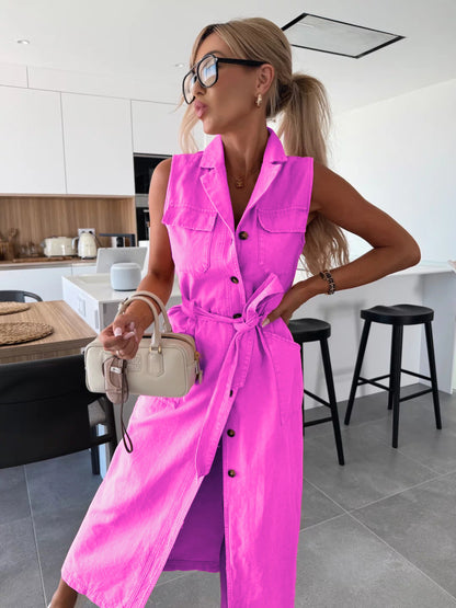 Casual Long Denim Dress With Belted Waist