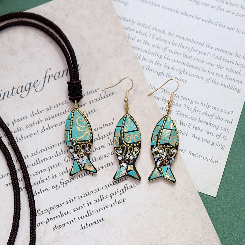 Minority Design Nepal Copper Fish Tibetan Handmade Necklace Men'S And Women'S Ethnic Style Retro Temperament Simple Earring Set