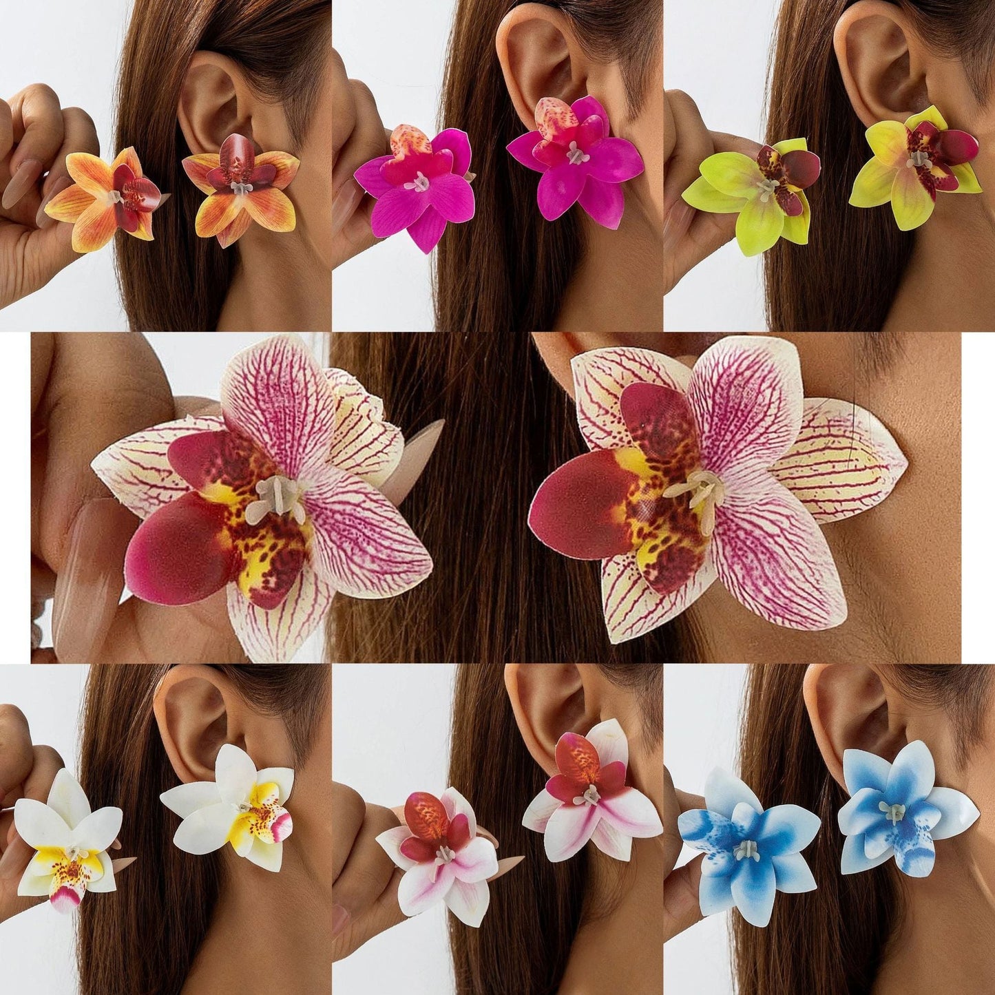 Bohemian Style 3D Orchid Flower Earrings Handmade Statement Jewelry