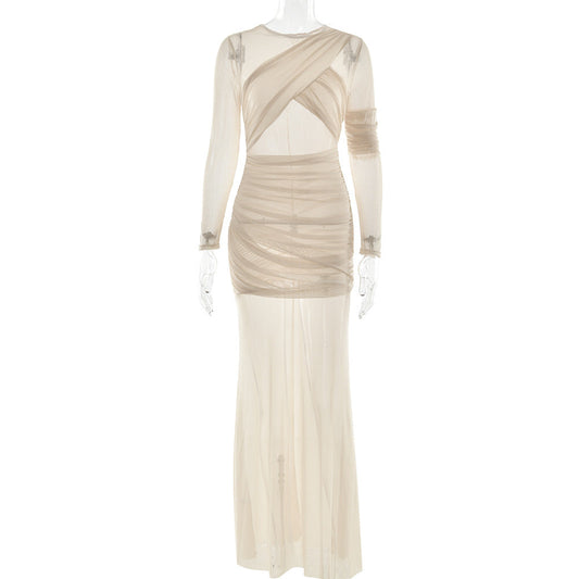 Sexy Long Sleeve Sheer Mesh Maxi Dress