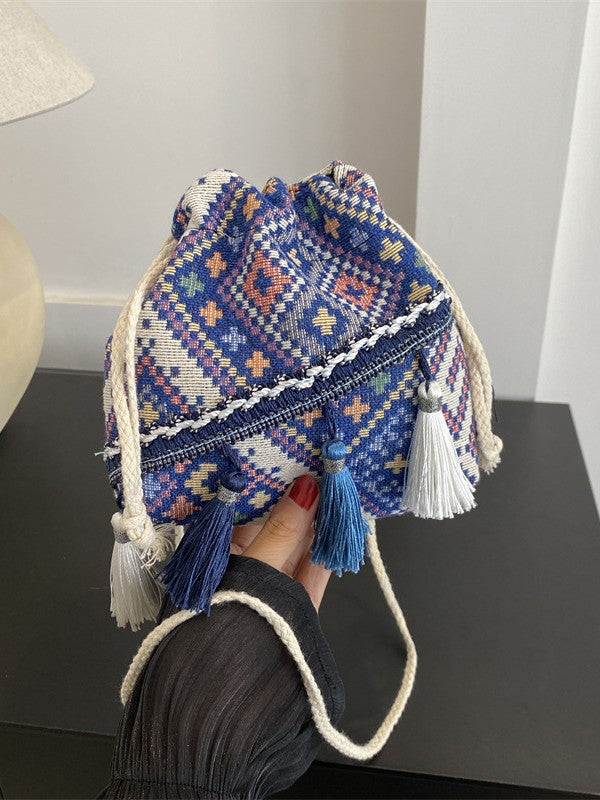 Trendy Bohemian Bucket Bag with Fringe - Canvas Shoulder Bag
