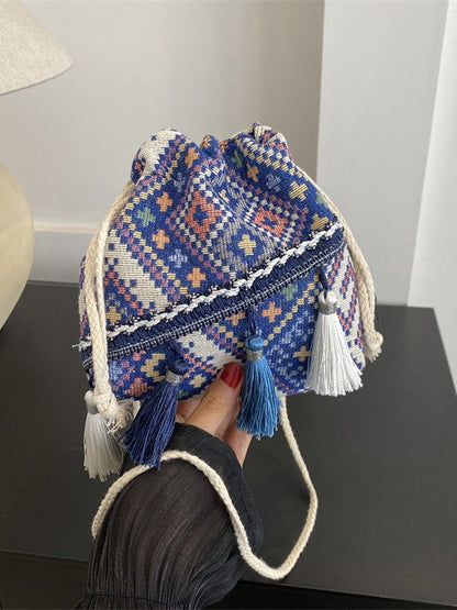 Trendy Bohemian Bucket Bag with Fringe - Canvas Shoulder Bag