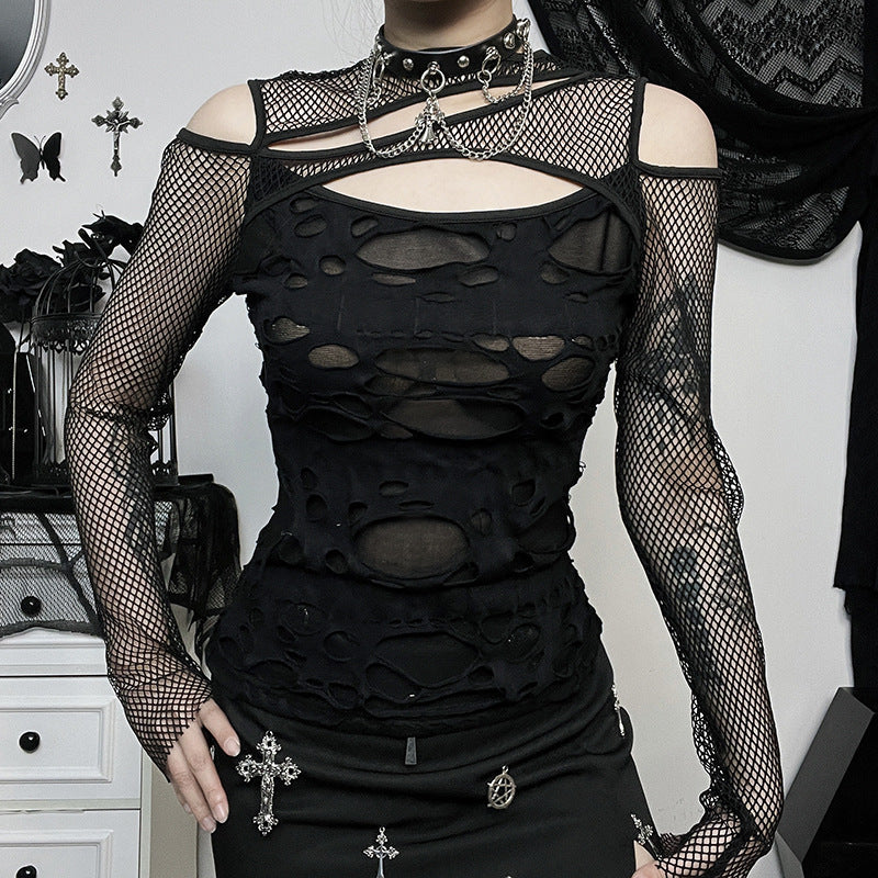 Edgy Black Mesh Cutout Long Sleeve Top