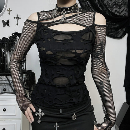 Edgy Black Mesh Cutout Long Sleeve Top